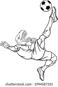 A dinosaur T Rex or raptor soccer football player cartoon animal sports mascot kicking the ball