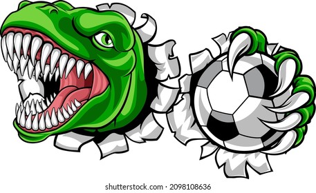 A dinosaur T Rex or raptor soccer football player cartoon animal sports mascot holding a ball in its claw