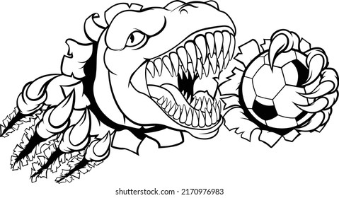 A dinosaur T Rex or raptor soccer football player cartoon animal sports mascot holding a ball in its claw