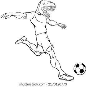 A dinosaur T Rex or raptor soccer football player cartoon animal sports mascot kicking the ball
