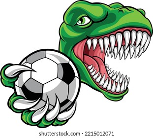 A Dinosaur T Rex Or Raptor Soccer Football Player Cartoon Animal Sports Mascot Holding A Ball In Its Claw