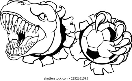 A dinosaur T Rex or raptor soccer football player cartoon animal sports mascot holding a ball in its claw