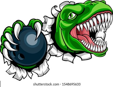 A dinosaur T Rex or raptor ten pin bowling player cartoon animal sports mascot holding a ball in its claw