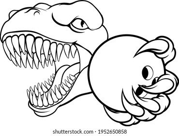 A dinosaur T Rex or raptor ten pin bowling player cartoon animal sports mascot holding a ball in its claw