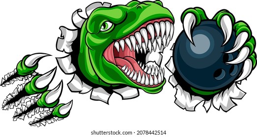 A Dinosaur T Rex Or Raptor Ten Pin Bowling Player Cartoon Animal Sports Mascot Holding A Ball In Its Claw