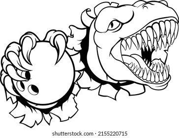 A dinosaur T Rex or raptor ten pin bowling player cartoon animal sports mascot holding a ball in its claw