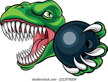 A Dinosaur T Rex Or Raptor Ten Pin Bowling Player Cartoon Animal Sports Mascot Holding A Ball In Its Claw