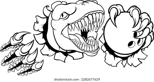 A dinosaur T Rex or raptor ten pin bowling player cartoon animal sports mascot holding a ball in its claw