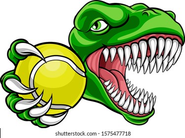 A dinosaur T Rex or raptor tennis player cartoon animal sports mascot holding a ball in its claw