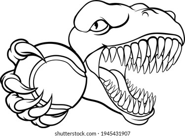 A dinosaur T Rex or raptor tennis player cartoon animal sports mascot holding a ball in its claw