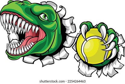 A dinosaur T Rex or raptor tennis player cartoon animal sports mascot holding a ball in its claw