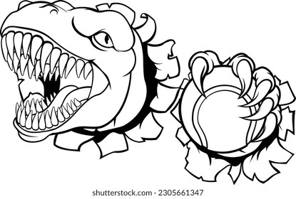 A dinosaur T Rex or raptor tennis player cartoon animal sports mascot holding a ball in its claw