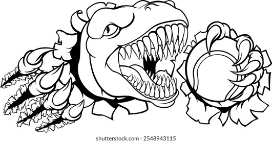 A dinosaur T Rex or raptor tennis player cartoon animal sports mascot holding a ball in its claw