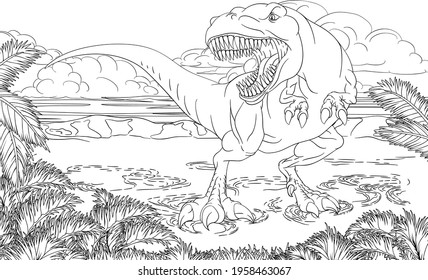 A dinosaur T Rex tyrannosaurs black and white outline cartoon scene like a kids coloring book page