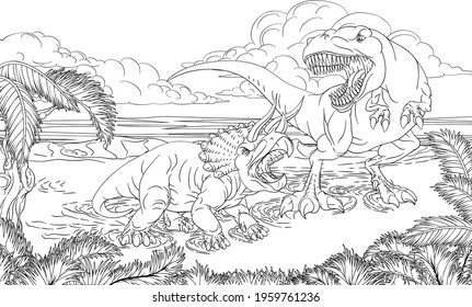 A dinosaur T Rex tyrannosaurus and triceratops black and white outline cartoon scene like a kids coloring book page