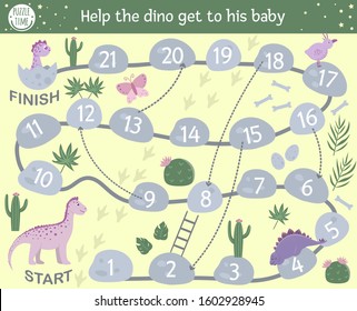 Dinosaur themed board game for children. Educational prehistoric boardgame. Puzzle with reptiles, stones, cactus. Help the dino get to his baby