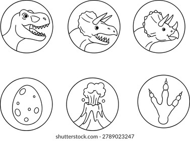 Dinosaur themed circular icon collection with head egg volcano footprint elements