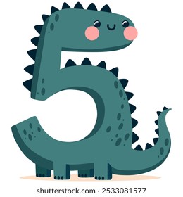 Dinosaur themed number five, perfect for kids birthday party decoration, playful design, ideal for dinosaur lovers, fun colorful vector illustration for childs birthday celebration, party invitations