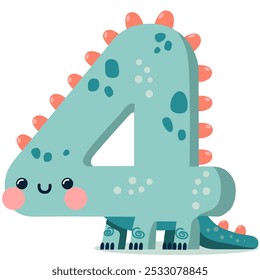 Dinosaur themed number four, perfect for kids birthday party decoration, playful colorful vector illustration, ideal for children who love dinosaurs, fun design for birthday invitation, party supplies