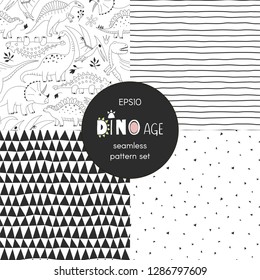 Dinosaur themed vector seamless background set includes cute dino reptiles, stripes and geometric triangle patterns in black white palette, vector graphics, kids and baby summer textile tee shirt