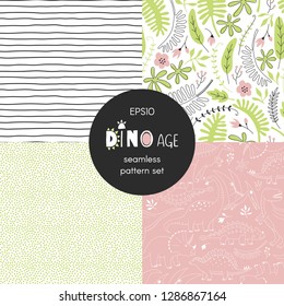 Dinosaur themed vector seamless background set includes cute dino reptiles, exotic leaves and flowers, geometric stripes and dots patterns, vector graphics, kids and baby summer textile tee shirt