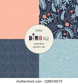 Dinosaur themed vector seamless background set includes cute dino reptiles, exotic leaves and flowers, geometric stripes and dots patterns, vector graphics, kids and baby summer textile tee shirt