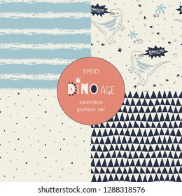 Dinosaur themed vector seamless background set includes cute dino reptiles, stripes and geometric triangle patterns, vector graphics, kids and baby summer textile tee shirt apparel print