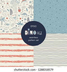 Dinosaur themed vector seamless background set includes cute dino reptiles, stripes and geometric triangle patterns, vector graphics, kids and baby summer textile tee shirt apparel print