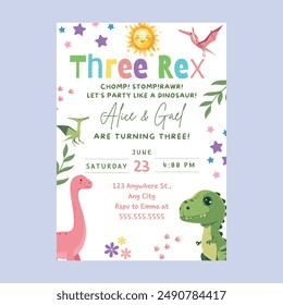 Dinosaur Three Rex Birthday Invitation