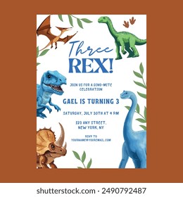 Dinosaur Three Rex Greenery Invitation