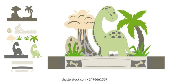 dinosaur. a three-dimensional postcard template, DAY. vector Layout, cute prehistoric animal and plants, for paper cutting