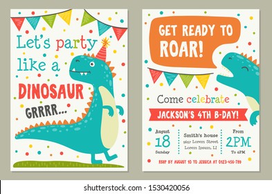 Dinosaur toy party invitation card template vector illustration. Lets party like dino and get ready to roar, poster decorated by funny animal, time icon and confetti