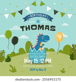 Dinosaur toy party invitation card template vector illustration. Lets party like dino and get ready to roar, poster decorated by funny animal, time icon and confetti