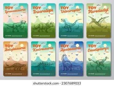 Dinosaur Toy Product Labels Template Set Abstract Vector Packaging Design Layouts Collection. Modern Typography with Prehistoric Volcano Landscape and Hand Drawn Dinosaurus Sketch Background. Isolated