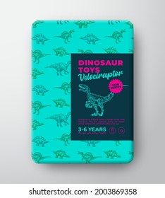 Dinosaur Toys Label Template. Abstract Vector Packaging Design Layout. Hand Drawn Velociraptor Sketch with Ancient Reptile Creatures Pattern Background and Realistic Shadows. Isolated.