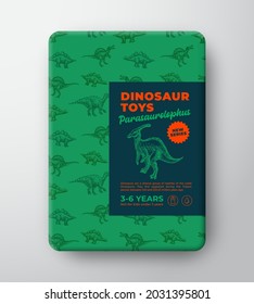 Dinosaur Toys Label Template. Abstract Vector Packaging Design Layout. Hand Drawn Parasaurolophus Sketch with Ancient Reptile Craetures Pattern Background and Realistic Shadows. Isolated.