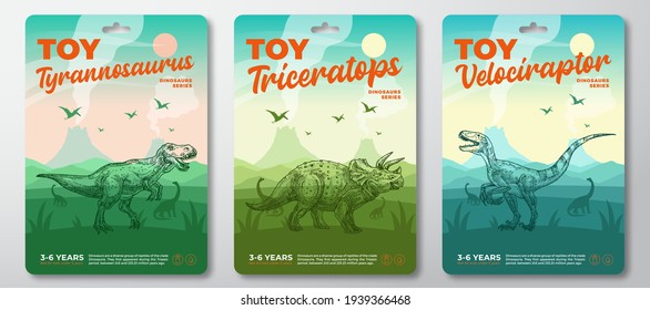 Dinosaur Toys Labels Template Set. Abstract Vector Packaging Design Layouts Collection. Modern Typography with Prehistoric Volcano Landscape and Hand Drawn Dinosaurus Sketch Background. Isolated.