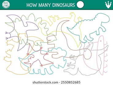 Rastreamento de dinossauros, reconhecimento de formas, atividade matemática com animais. Quebra-cabeça pré-histórico com T-rex colorido, estegossauro, contornos de tricerátops. Quantas silhuetas podem ser impressas na planilha para crianças
