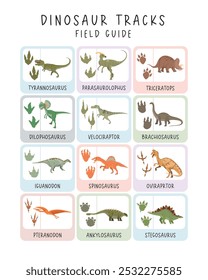 Dinosaur Tracks Field Guide: Educational Poster with Dinosaur Footprints for Kids. Illustrated field guide featuring dinosaur tracks and species, designed for educational purposes