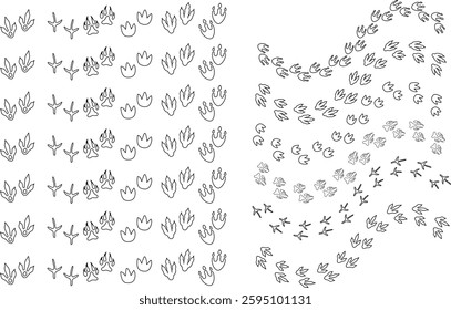 Dinosaur tracks icon set. Dragon tracks foot print symbol silhouette black vector collection isolated on transparent background. Dino cute trail texture. Hand drawn paleontology dinosaur paw prints.