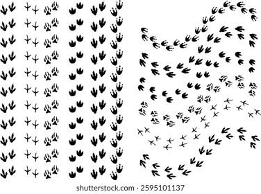 Dinosaur tracks icon set. Dragon tracks foot print symbol silhouette black vector collection isolated on transparent background. Dino cute trail texture. Hand drawn paleontology dinosaur paw prints.