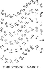 Dinosaur tracks icon set. Dragon tracks foot print symbol silhouette black vector collection isolated on transparent background. Dino cute trail texture. Hand drawn paleontology dinosaur paw prints.