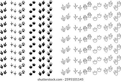 Dinosaur tracks icon set. Dragon tracks foot print symbol silhouette black vector collection isolated on transparent background. Dino cute trail texture. Hand drawn paleontology dinosaur paw prints.