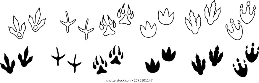 Dinosaur tracks icon set. Dragon tracks foot print symbol silhouette black vector collection isolated on transparent background. Dino cute trail texture. Hand drawn paleontology dinosaur paw prints.