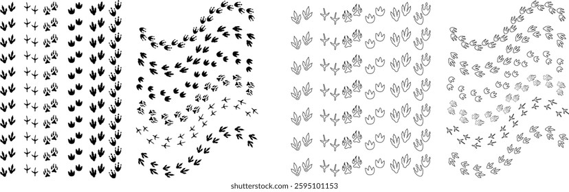 Dinosaur tracks icon set. Dragon tracks foot print symbol silhouette black vector collection isolated on transparent background. Dino cute trail texture. Hand drawn paleontology dinosaur paw prints.