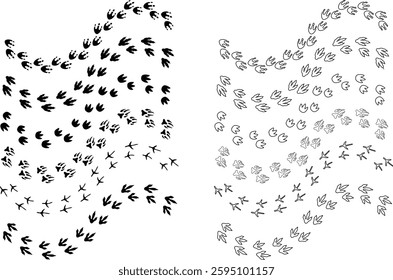 Dinosaur tracks icon set. Dragon tracks foot print symbol silhouette black vector collection isolated on transparent background. Dino cute trail texture. Hand drawn paleontology dinosaur paw prints.