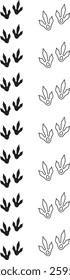 Dinosaur tracks icon set. Dragon tracks foot print symbol silhouette black vector collection isolated on transparent background. Dino cute trail texture. Hand drawn paleontology dinosaur paw prints.