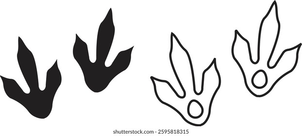 Dinosaur tracks icon set. Dragon tracks foot print symbol silhouette black vector collection isolated on transparent background. Dino cute trail texture. Hand drawn paleontology dinosaur paw prints.