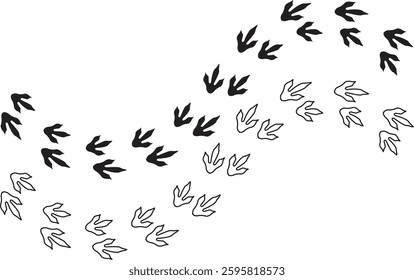 Dinosaur tracks icon set. Dragon tracks foot print symbol silhouette black vector collection isolated on transparent background. Dino cute trail texture. Hand drawn paleontology dinosaur paw prints.