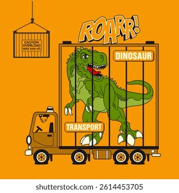 Dinosaur with transporter truck  ,animal cartoon vector illustration